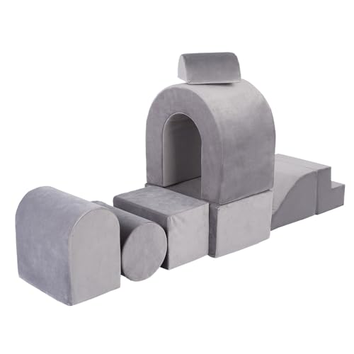 MISIOO Schaumstoff-Spielplatz für Kinder, 8-teiliges Indoor Kletter- & Motorik-Set – Softbausteine mit Veloursbezug: Haus, Bogen, Welle, Kuppel, Würfel, Brücke, Stufe von MISIOO