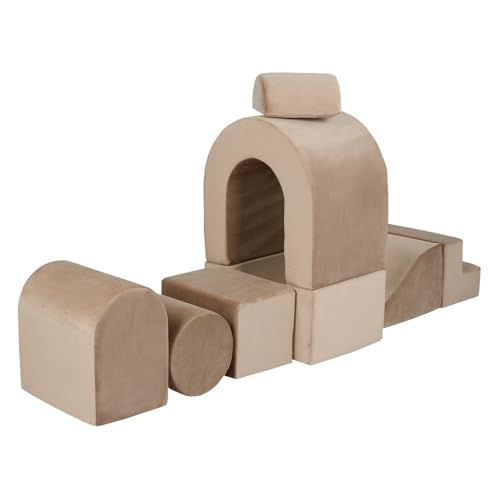 MISIOO Schaumstoff-Spielplatz für Kinder, 8-teiliges Indoor Kletter- & Motorik-Set – Softbausteine mit Veloursbezug: Haus, Bogen, Welle, Kuppel, Würfel, Brücke, Stufe von MISIOO
