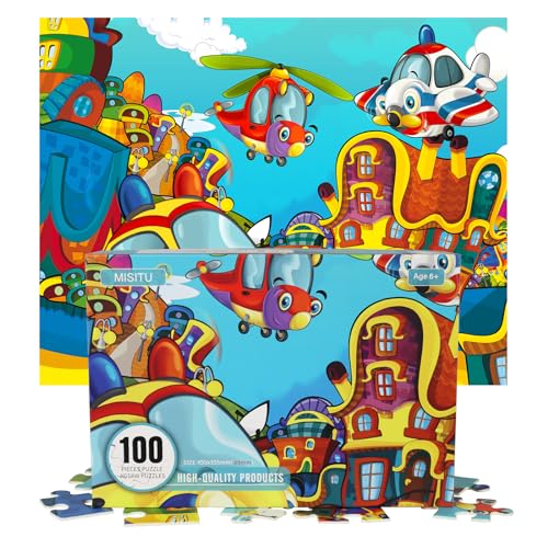 MISITU Puzzle 100 Stück Cartoonmuster - Autos und Hubschrauber - Puzzle für Anfänger oder ältere Menschen von MISITU