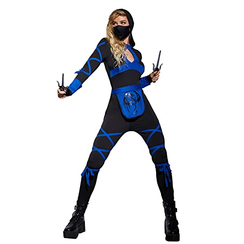 Ninja Kostüm Damen blau und schwarz Damen Ninja Kostüm Set mit Ninja Maske Ninja Sai 2 Stück Ninja Halloween Kostüm für Frauen L von MISS FANTASY