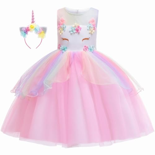 MISS & MR BM Prinzessin Kleid Mädchen - Einhorn Kostüm für Kinder Cosplay Karneval Verkleidung Party Hochzeit Prinzessin Kleid mit Stirnband (7-8 Jahre, 128 cm) von MISS & MR BM