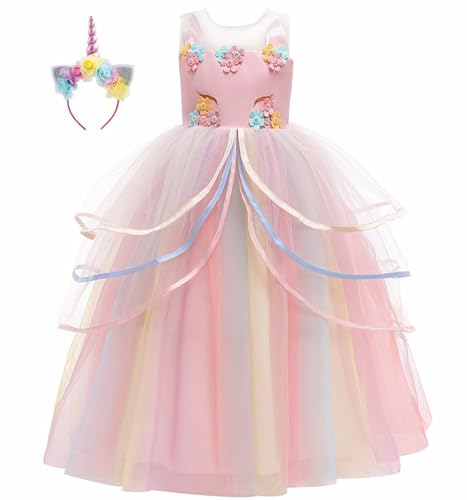MISS & MR BM Einhorn Kostüm Mädchen - Prinzessin Einhorn Kleid Outfit & Haarreif für Kinder Geburtstage, Party, Karneval und Halloween, 5-6 Jahre von MISS & MR BM