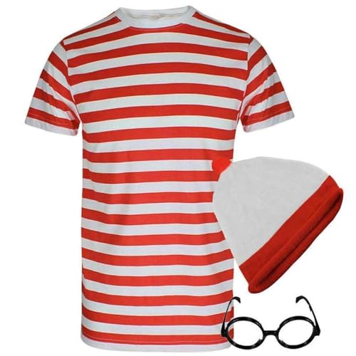 MISSHASHTAG® Herren Damen rot weiß gestreiftes T-Shirt Hut Brille Set – Uni 3-teiliges Buchwochenkostüm Outfit klein von MISSHASHTAG
