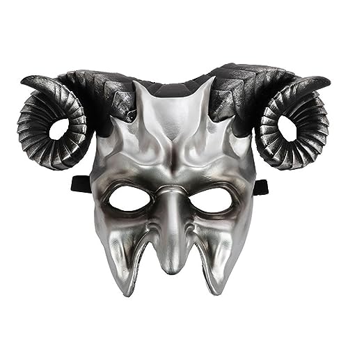 Dämonen Halloween Maskerade Gruseliges halbes Gesicht Ochsenhorn Teufel für Cosplay Kostüm Damen Herren Geschenk Halloween Gruseliges Horror Cosplay Kostüm von MISUVRSE