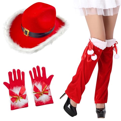 MISUVRSE Cowboyhut aus Plüsch mit lustigem Beinwärmer, für Erwachsene, warmer Plüsch-Vollfinger-Handschuh für Damen und Herren, Rot von MISUVRSE
