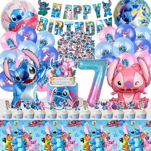 100pcs Stitc Geburtstagsdeko 7 Jahre, Lil und Stitc Ggeburtstag Deko, Stitc Deko Geburtstag, Stitc Kuchen Deko, Stitc Sticker, Stitc Ballons,Stitc Tortendeko für Kindergeburtstag von MIUNUO