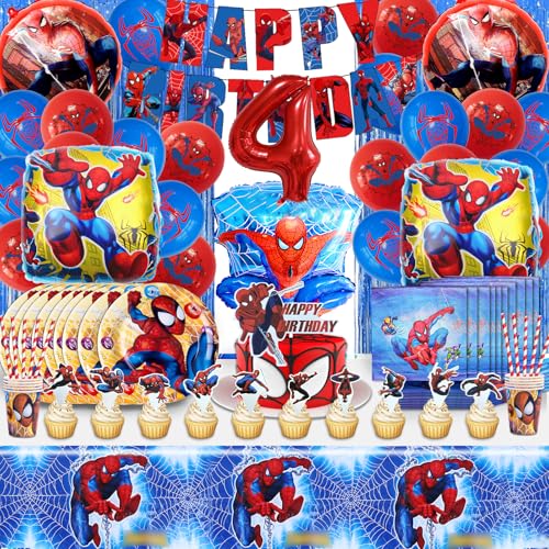 110PCS 4 Jahre Spiderma Geburtstagsdeko Ballons, Partygeschirr Kindergeburtstag Junge - Enthält Luftballons, Teller, Tasse, Tischdecke, Servietten 110PCS 4 Jahre Spiderma Geburtstagsdeko Ballons, Partygeschirr Kindergeburtstag Junge - Enthält Luftballons, Teller, Tasse, Tischdecke, Servietten von MIUNUO