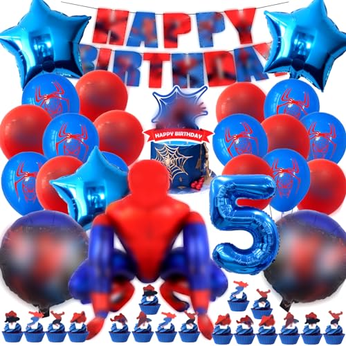 49 Stück Spiderma Geburtstagsdeko 5 Jahre, Spiderma Geburtstags Dekorations Set, Spiderma Geburtstag Deko Junge Ballon, Folienballon Geburtstag Banner Fete Kit Ballons, 5 Jahr Geburtstag Junge Deko von MIUNUO