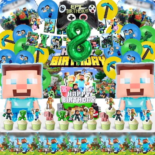 52PCS Kinder Geburtstagsdeko 8 Jahre, Spiel Geburtstag Deko, Luftballons Spiel, Kuchen Spiel Dekoration, Kinder Party Geburtstag Dekoration Banner Tischdecke von MIUNUO