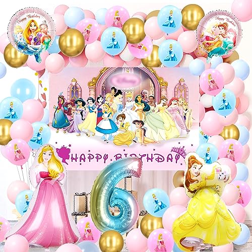 71 Stück 6 Jahre Prinzessin Geburtstag, 6 Jahre Prinzessin Luftballons Geburtstagsfeier,Prinzessin Hintergrund, Helium Geburtstagsdeko Prinzessin,Prinzessin Party Deko Kindergeburtstag für Mädchen von MIUNUO
