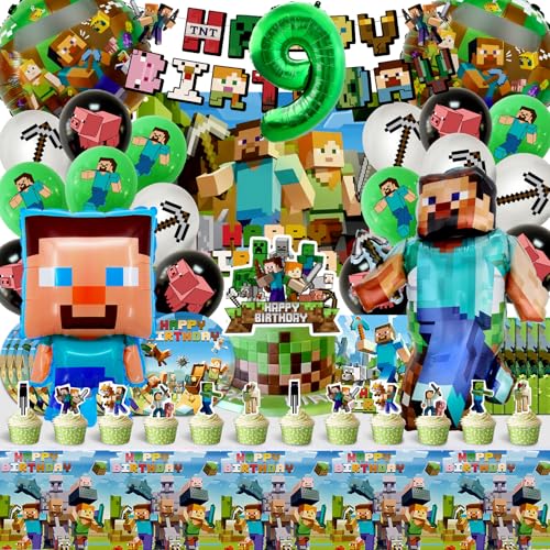 81pcs Minecr Geburtstag Deko, Luftballons Minecr, Kinder Geburtstagsdeko 9 Jahre, Kuchen Spiel Dekoration, Kinder Party Geburtstag Dekoration Banner Tischdecke von MIUNUO