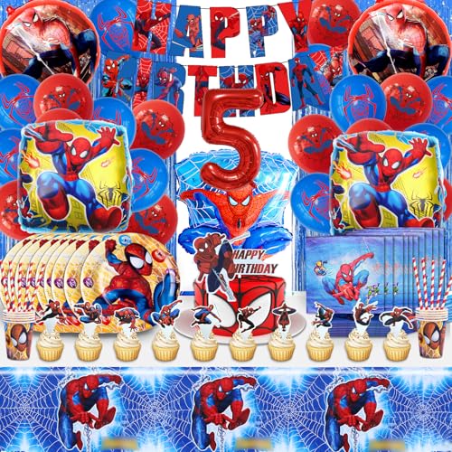 110PCS 5 Jahre Spiderma Geburtstagsdeko Ballons, 5 Jahre Spiderma Partygeschirr Geburtstag, 5 Jahre Spiderma Partygeschirr Kindergeburtstag Junge, Enthält Luftballons , Teller, Tasse, Tischdecke von MIUNUO