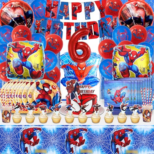 110PCS 6 Jahre Spiderma Geburtstagsdeko Luftballons, 6 Jahre Spiderma Partygeschirr Geburtstag, 6 Jahre Spiderma Partygeschirr Kindergeburtstag Junge, Enthält Teller, Tasse, Tischdecke, Servietten von MIUNUO