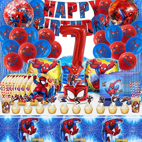 110PCS 7 Jahre Spiderma Geburtstagsdeko Luftballons, 7 Jahre Spiderma Partygeschirr Geburtstag, 7 Jahre Spiderma Partygeschirr Kindergeburtstag Junge, Enthält Luftballons, Teller, Tasse, Tischdecke von MIUNUO