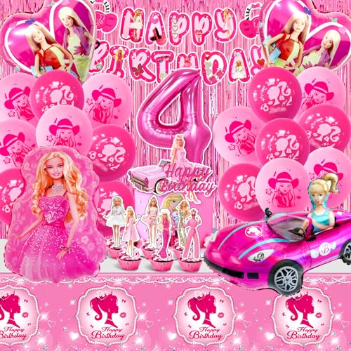 Barb Geburtstag Deko Set 49-teilig für 4 Jahre - Party Ballon, Tortendeko, Luftballon Helium, Happy Birthday Banner, Tischdecke, Kuchen Deko für Mädchen von MIUNUO