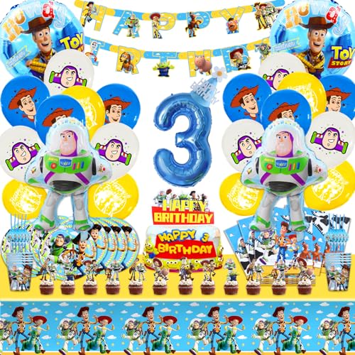 Partygeschirr, 101pcs Geburtstag Deko Set, 3 jahre Partygeschirr Set Luftballons, 3 jahre Dekoration Geburtstag Luftballons, Banner Tischdecke Teller Kuchendeckel etc Jungen und Mädchen Party Supplies von MIUNUO