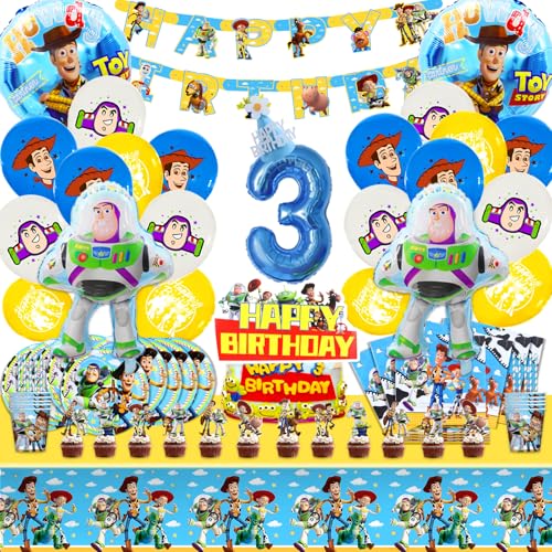 Partygeschirr, 101pcs Geburtstag Deko Set, 3 jahre Partygeschirr Set Luftballons, 3 jahre Dekoration Geburtstag Luftballons, Banner Tischdecke Teller Kuchendeckel etc Jungen und Mädchen Party Supplies von MIUNUO