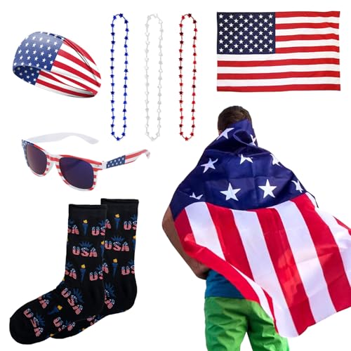 MIUSKATL Kostüm mit amerikanischer Flagge, 4. Juli, USA-Flagge, Socken, Stirnband, patriotische Sonnenbrille, Halskette, Unabhängigkeitstag, patriotisches Zubehör MIUSKATL Kostüm mit amerikanischer Flagge, 4. Juli, USA-Flagge, Socken, Stirnband, patriotische Sonnenbrille, Halskette, Unabhängigkeitstag, patriotisches Zubehör von MIUSKATL