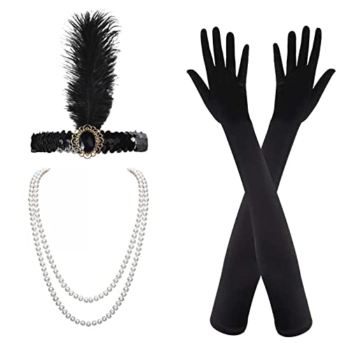 MIVAIUN 1920 Zubehör Set, 1920s Kostüm Damen Flapper Accessoires Set, Flapper Great Gatsby Accessoires Set, Stirnband Halskette Handschuhe Ohrringe, für Halloween Weihnachten Neujahr Party von MIVAIUN