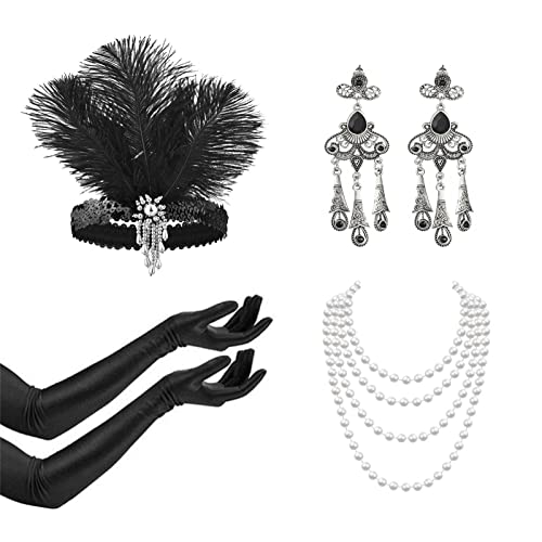 MIVAIUN 1920s Kostüm Damen Flapper Accessoires Set, Flapper Great Gatsby Accessoires Set, 1920s Charleston Gatsby Retro Kostüm, Stirnband Halskette Handschuhe, 20er Jahre Accessoires (5 Pcs) von MIVAIUN