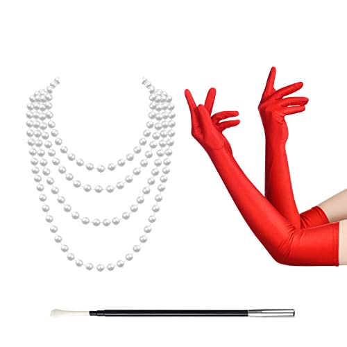 MIVAIUN 3 Stück 1920 Zubehör Set, Flapper Great Gatsby Accessoires Set Great Gatsby Zubehör für Frauen, 1920s Charleston Gatsby Retro Kostüm, 20er Jahre Accessoires, Perlen Kette (Rot) von MIVAIUN