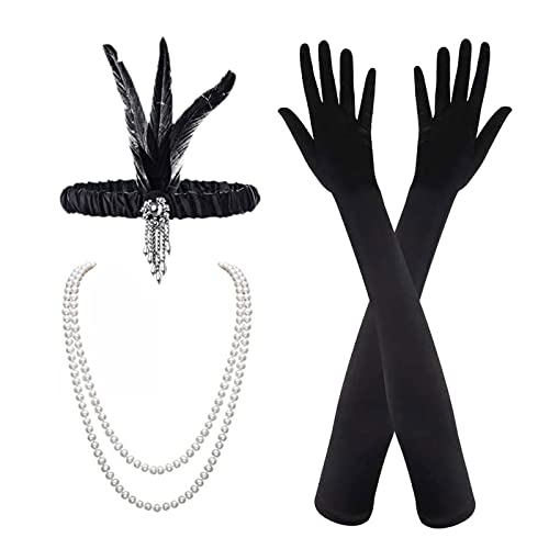 MIVAIUN 3 Stück 1920s Kostüm Damen Flapper Accessoires Set 20er Jahre Accessoires, 1920er Flapper Great Gatsby Accessoires Set,Stirnband Halskette Handschuhe,Fashion Roaring 20er Themenset von MIVAIUN