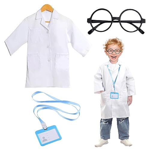 MIVAIUN 3 Stück Kinder Arztkittel Laborkittel mit Arbeitskarte Gläser Wissenschaftler Arzt Kostüm für Rollenspiele Schulprojekte, Doktor Wissenschaftler Dress Up Zubehör für Jungen Mädchen (White) von MIVAIUN