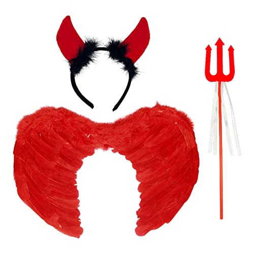 MIVAIUN 3 Stück Teufel Kostüm Damen Teufelshörner flügel und Heugabel für Erwachsene rote Engelsflügel Zubehör für Halloween Fastnacht Mottoparty Kostüm Karneval Fasching Kostümparty (3 Stück) von MIVAIUN