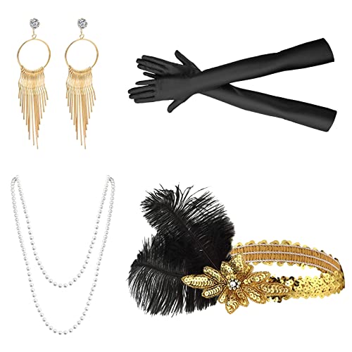 MIVAIUN 4 Stück 1920 Accessoires Set 1920er Flapper Great Gatsby Accessoires Vintage Accessoires Gatsby Haarband Flapper Stirnband Perlenkette Ohrringe Handschuhe Flapper Accessoires für Damen（Set A） von MIVAIUN