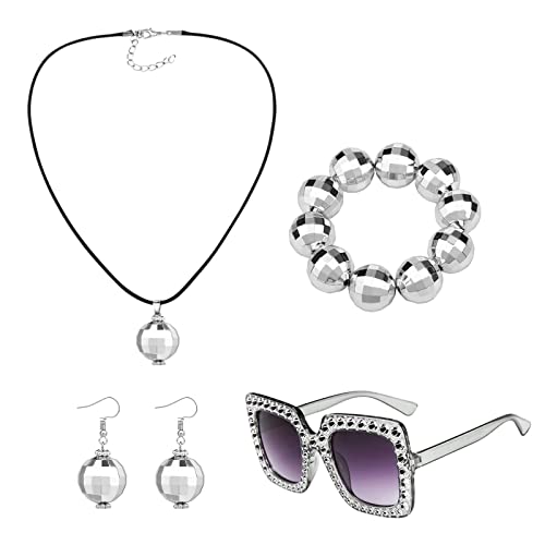 MIVAIUN 4 Stück 1970er Discokugel Spiegelkugel Schmuck Set Ohrringe Halskette Armband und Strass Sonnenbrille Bling Partybrille 1970er Kostüm Zubehör für Damen Herren Party Karneval(4 Stück) von MIVAIUN
