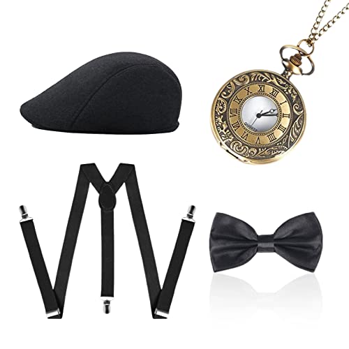 MIVAIUN 4 Stück 20er Jahre Herren 1920s Gatsby Gangster Kostüm Set, 20er Herren Zubehör, Mafia Accessoires, Flapper Gatsby Kostüm Zubehör Set für Herren, Schwarz Einheitsgröße (Set E) von MIVAIUN