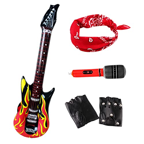 MIVAIUN 4 Stück 90er Jahre Rocker Kit, Punk Gothic Rocker Kit 70er 80er 90er Jahre Schwermetall Disco Kostüm, Aufblasbare Rockstargitarre mit Flammen, Handschuhe, Bandanas, Karneval von MIVAIUN