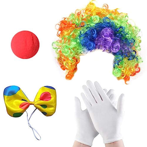 MIVAIUN 4 Stück Clown Kostüm Set Clown Kostüm Accessoire für Erwachsene Kinder Regenbogen Clown Perücke Clownsnasen Rot Weiße Handschuhe Clown Fliege Clown Verkleidung für Party Cosplay (4 Stück) von MIVAIUN