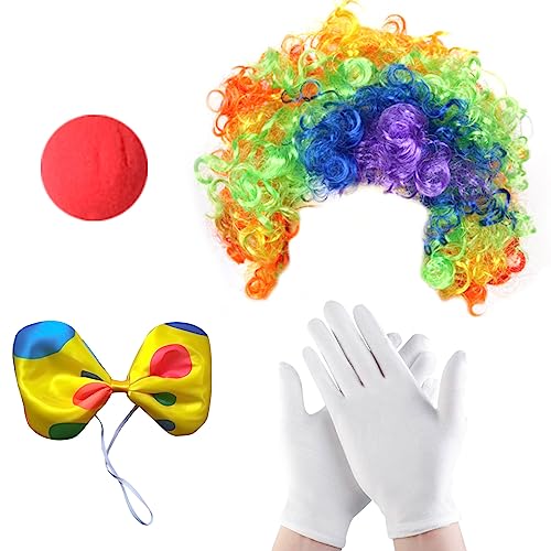 MIVAIUN 4 Stück Clown Kostüm Set Clown Kostüm Accessoire für Erwachsene Kinder Regenbogen Clown Perücke Clown Nase Weiße Handschuhe Clown Fliege Clown Verkleidung für Party Cosplay (4 Stück) von MIVAIUN