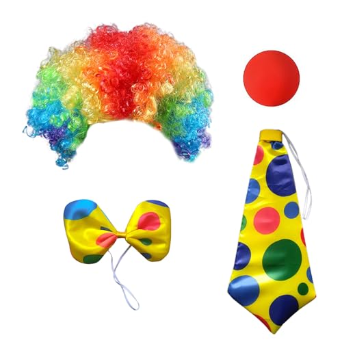 MIVAIUN 4 Stück Clown Kostüm Set Clown Lockenperücke Regenbogen Clown Kleidung mit Perücke Nase Fasching Karneval Cosplay Accessoire für Kinder Damen Herren Halloween Kostümzubehör (4 Stück) von MIVAIUN