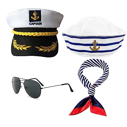 MIVAIUN 4 Stück Kapitän Matrosen Kostüm Set Yacht Kapitän Mütze Matrosenmütze Schal Sonnenbrille Marineblaue Hüte Streifen Matrosenmütze für Erwachsene Marineblaues Verkleidungsparty(4 Stück) von MIVAIUN