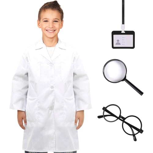 MIVAIUN 4 Stück Kinder Wissenschaftler Arzt Kostüm, Kinder Laborkittel Arztkittel mit Kunststoff-Lupenbrille Arbeitskarte Gläser, Doktor Wissenschaftler Dress Up Zubehör für Jungen Mädchen von MIVAIUN