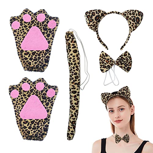 MIVAIUN 4 Stück Leopard Tiere Cosplay Set,Leopard Girl Dress Up Set,Leopard Ohren Fliege Schwanz Handschuhe Set,Dekoration Zubehör für Mädchen Jungen Mottoparty Halloween Verkleidung Party(Braun) von MIVAIUN