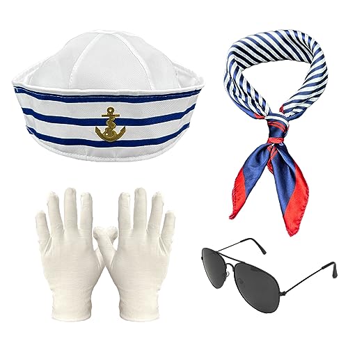 MIVAIUN 4 Stück Matrosenschiff Kappe Schal Sonnenbrille und Handschuhe Set,Matrosen Set,Nautische Seemannsgarnitur,für Kreuzfahrten Cosplay Verkleidungsparty Junggesellenabschied(4 Stück) von MIVAIUN