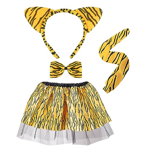 MIVAIUN 4 Stück Tiger Kostüm,Tierkostüm Tiger Ohr Stirnband Schwanz Fliege Tutu Tiger Verkleidung Zubehör Dschungel Party für Mädchen Halloween Faschingskostüm Kinder Karneval Cosplay Party (Tiger) von MIVAIUN
