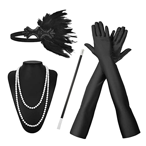 MIVAIUN 4 Teiliges 20er Jahre Accessoires Damen, Gatsby Kostüm Accessoires Set mit Stirnband Ohrringen Halskette Schwarze Handschuhen Handheld-Requisiten, 1920er Accessoires Damen (Set B) von MIVAIUN