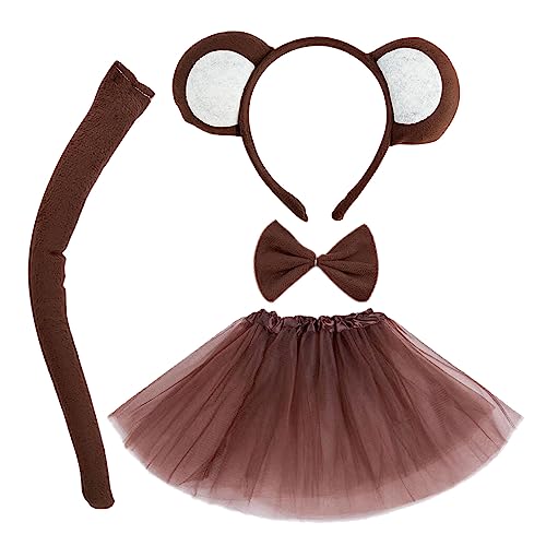 MIVAIUN 4 teiliges Affen Kostüm, Tierkostüm Set, Schwanz,Fliege, Stirnband, Tutu-Rock-Set für Erwachsene und Kinder zum Anziehen, Halloween, Bühnenauftritt, Karneval, Cosplay (Braun) von MIVAIUN