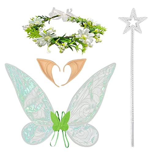 MIVAIUN 4 Pcs Grün Feenflügel Erwachsene Frauen Kinder Fairy Wings für Halloween Party Geburtstag Weihnachten Feenstab Blume Stirnband Elfenohren Feenflügel Set von MIVAIUN