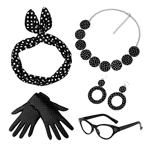 MIVAIUN 5 Stück 50er Jahre Rockabilly Kostüm Accessoires Damen 1950s Zubehör Set 1950s Kostüm Ohrringe Halskette Polka Dot Stirnband Katzen Auge Brille Sixties Damenkostüm Motoparty (5 Stück) von MIVAIUN