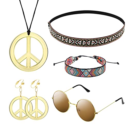 MIVAIUN 5 Pack Hippie Kostüm Set, Hippie Accessoires, 60er 70er 80er Jahre Bekleidung Accessoires, 60er Jahre Party Zubehör Kit, Sonnenbrille, Frieden Zeichen Halskette, Böhmen Stirnband von MIVAIUN