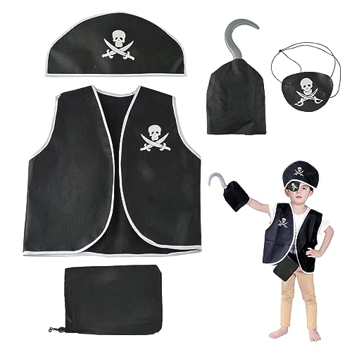 MIVAIUN 5 Stück Kinder Piraten Kostüm Set Piraten Verkleidung Piraten Zubehör Piratenhut Weste Geldbeutel Augenklappe Haken Piratenkostüm Zubehör für Halloween Piraten Mottoparty Cosplay (5 Stück) von MIVAIUN