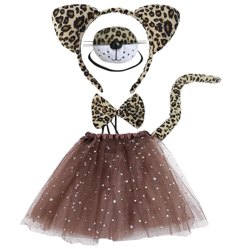 MIVAIUN 5 Stück Leoparden Kostüm,Stirnband mit Leopardenmuster, Nase Fliege Schwanz Sternrock Tierkostüm Set,Zubehör für Kostüme Leoparden für Cosplay Halloween Bühnenauftritt (Braun) von MIVAIUN