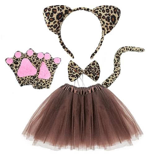 MIVAIUN 5 Stück Leoparden Kostüm Set Tier Kostüm Tier Verkleiden Set Leopard Haarreif Fliege Schwanz Pfoten Handschuhe Rock Set Kostüm Dschungel für Dschungel Party Maskerade (Braun) von MIVAIUN