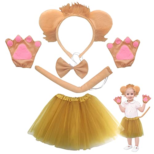 MIVAIUN 5 Stück Löwe Kostüm Set Inklusive Löwe Haarreifen Schwanz Fliege Tutu Rock Tierpfote Handschuhe Set,Tier Kostüm,Dschungel Party Deko Set für Kinder Party Rollenspiel Cosplay (5 PCS) von MIVAIUN