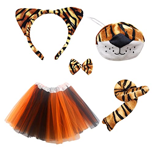 MIVAIUN 5 Stück Tiger Kostüm Tierkostüm-Set,Tiger Ohr Stirnband Schwanz Nase Fliege Tutu Rock Set,Tier Verkleidung Zubehör,Dschungel Party Set für Erwachsene Kinder Karneval Cosplay Party (Tiger) von MIVAIUN
